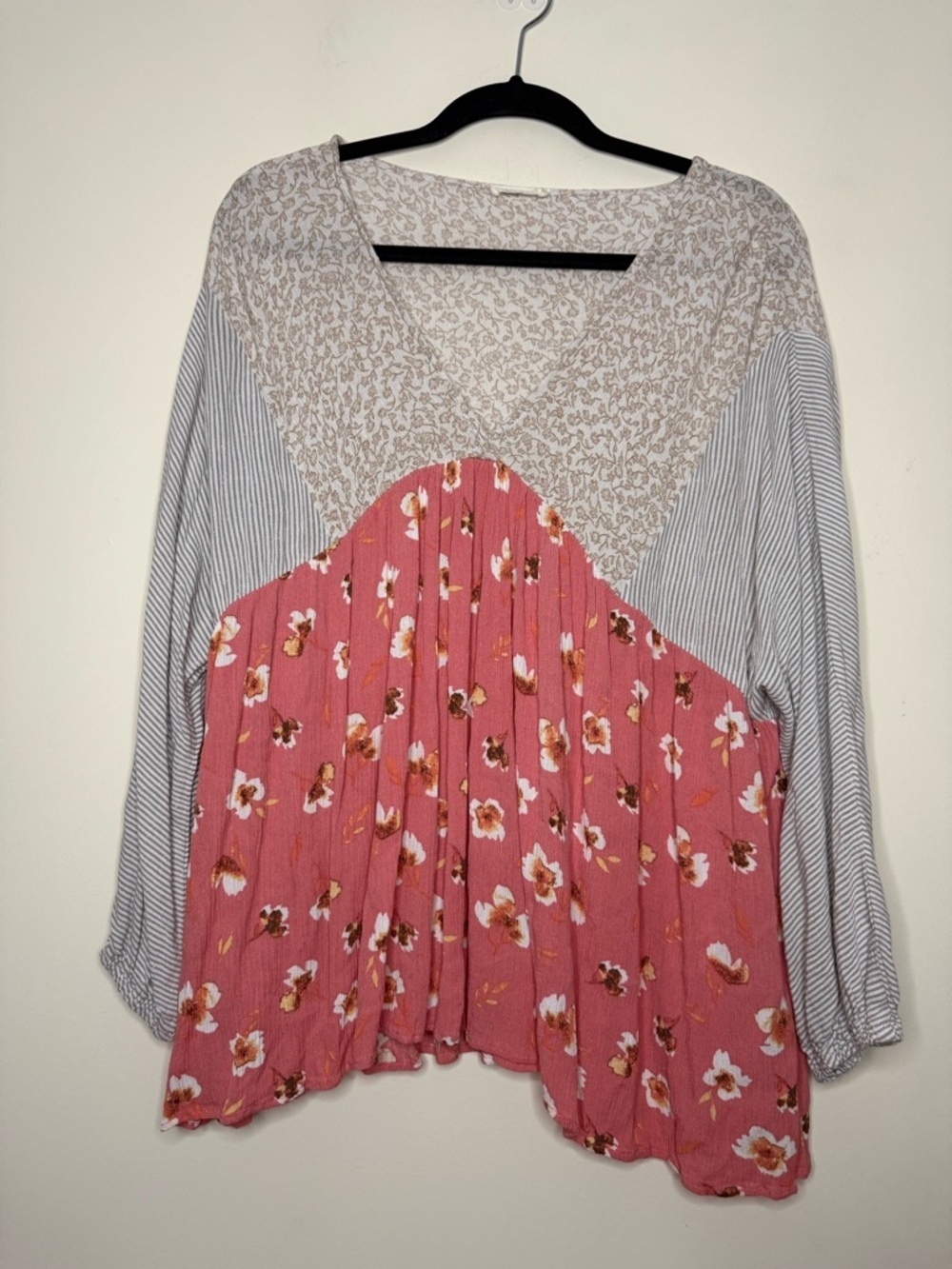 ODDY Boho Cottagecore Mixed Stripe Salmon Floral Print Spring Flowy Top Blouse